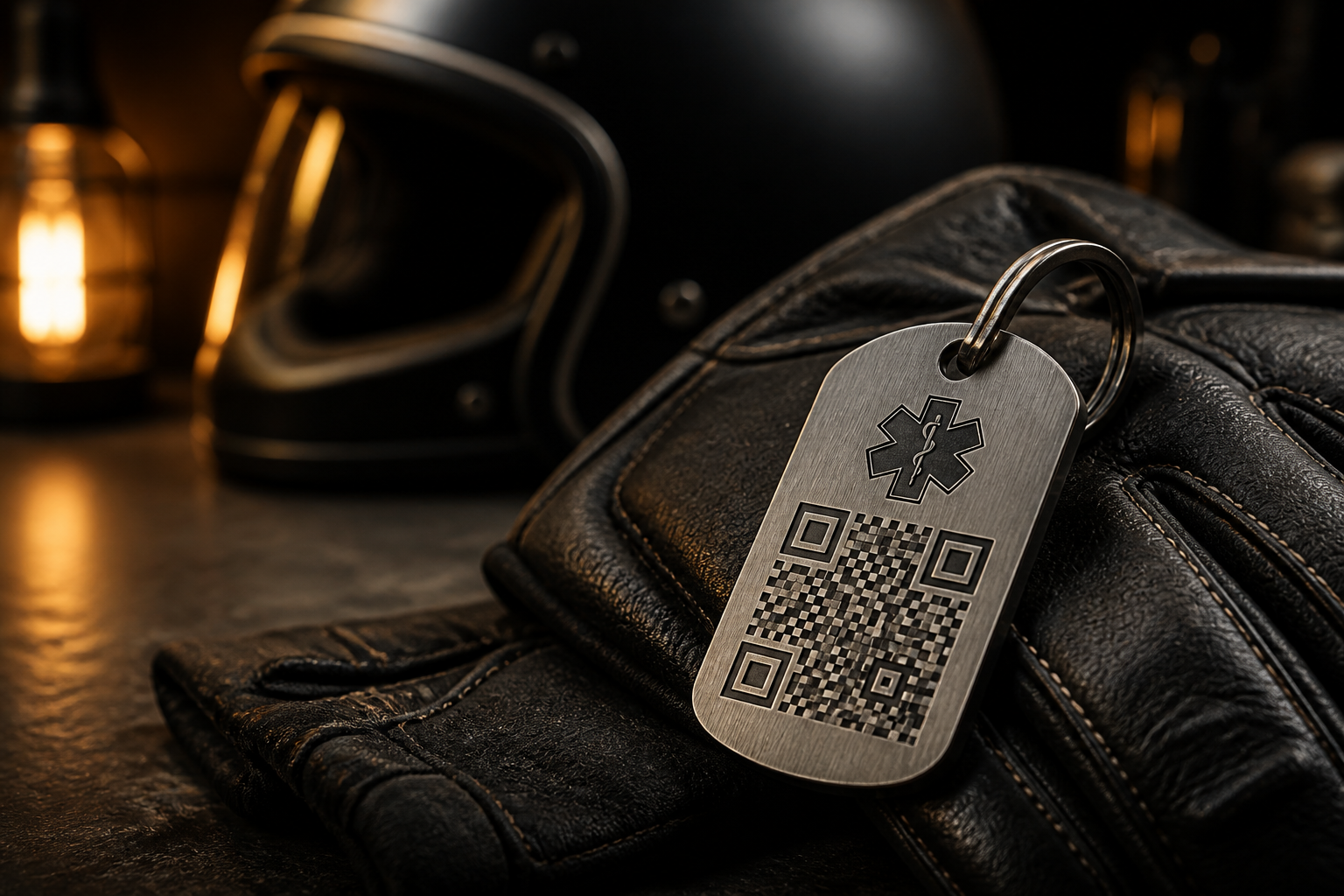 Detalle de placa metalica Biker Tag con codigo QR
