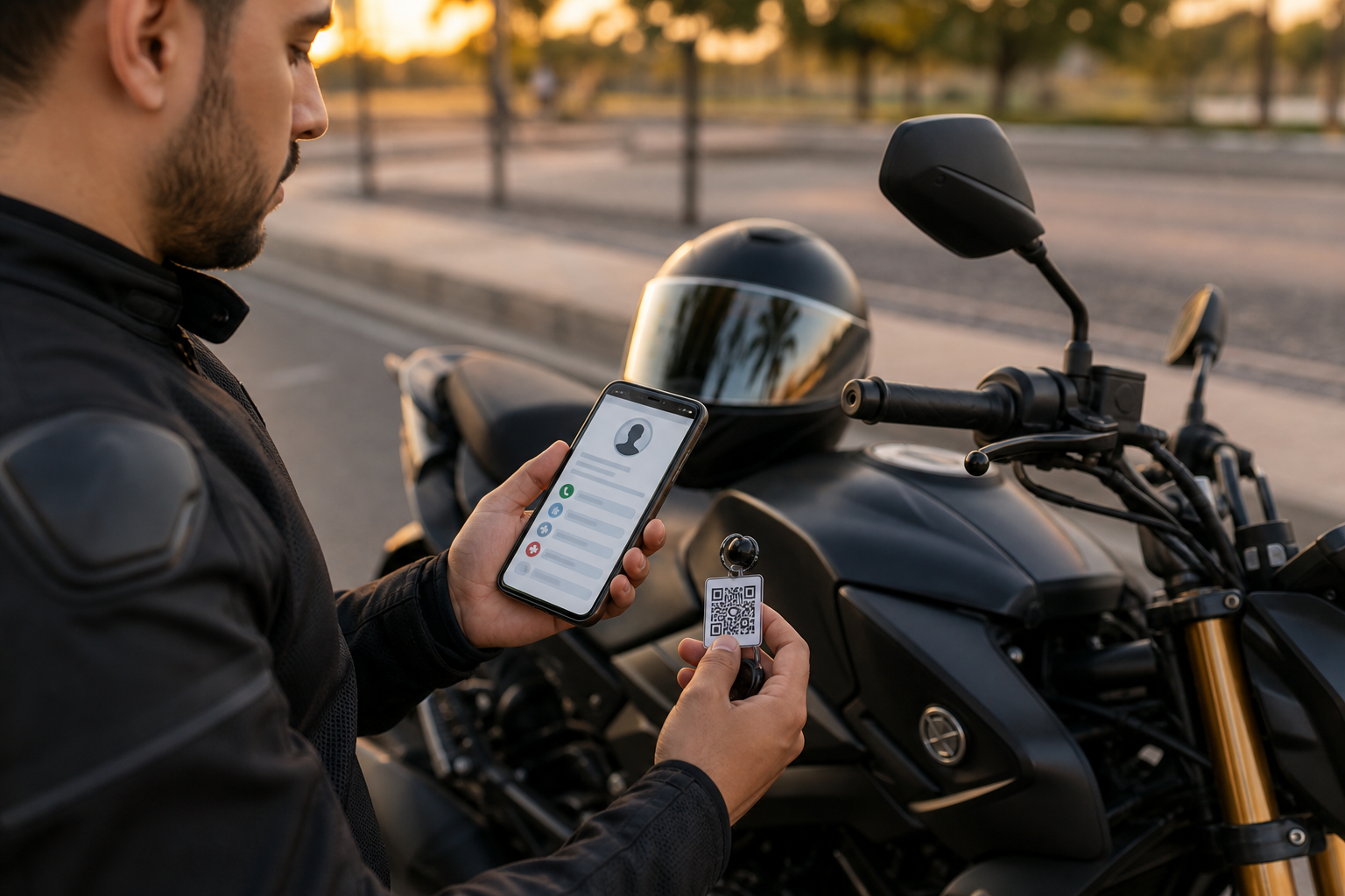 Motociclista consultando un Biker Tag QR con su celular