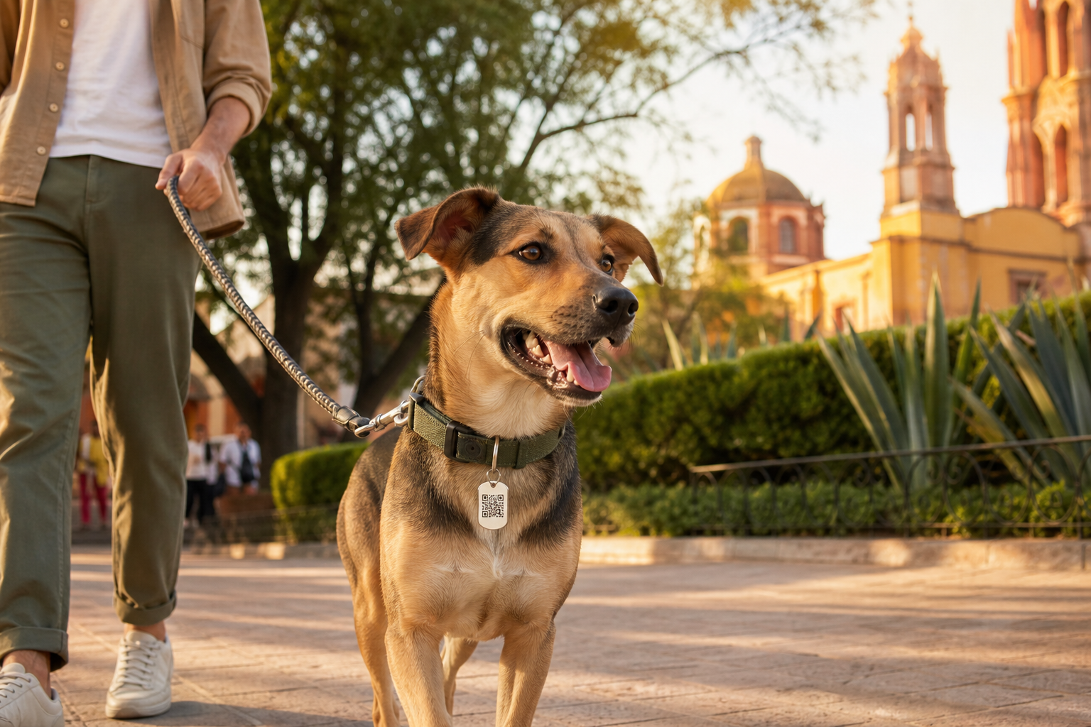 Perro paseando con una placa Dog Tag QR